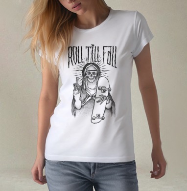 Мистический скелет с скейтбордом ROLL TILL FALL, Футболка женская белая 180гр
