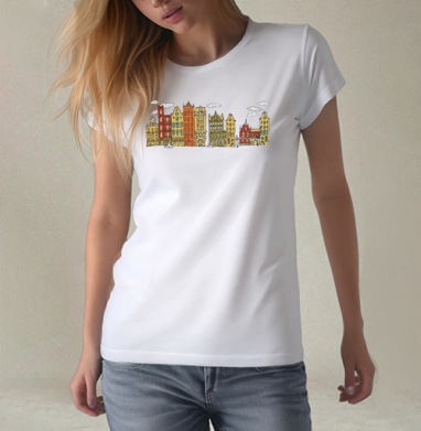 Открытка с видом Амстердама в стиле hand-drawn, Футболка женская белая 180гр