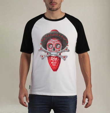 Череп с сомбреро Día de los Muertos яркий арт - Футболка мужская REGULAR реглан бел/черный, страница 16