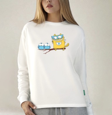 Yellow Superhero Cat / Желтый супергерой кот угрожает маленьким синим птичкам, Футболка лонгслив женская белая