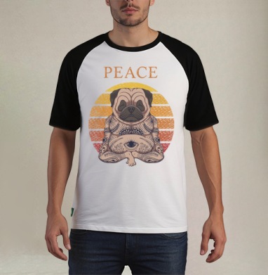 Мопс в позе лотоса с тату PEACE - Футболка мужская REGULAR реглан бел/черный, страница 2