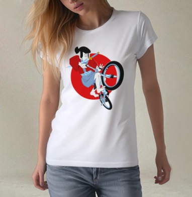 Динамичная векторная иллюстрация самурая на заднем колесе самурай на BMX, Футболка женская белая 180гр