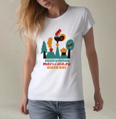 Русская деревня с петухом и храмом since xxi, Футболка женская белая 180гр