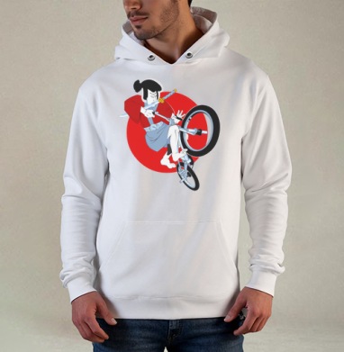 Динамичная векторная иллюстрация самурая на заднем колесе самурай на BMX, Толстовка белая Regular, утепленная