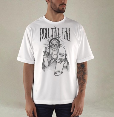 Мистический скелет с скейтбордом ROLL TILL FALL - Купить мужские футболка oversize–limitless со скейтом в Москве, цена мужских футболки oversize–limitless со скейтбордом
 с прикольными принтами - магазин дизайнерской одежды Maryjane