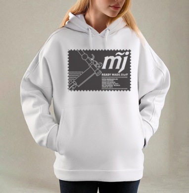Стилизованный автомат Калашникова с логотипом MJ и надписями READY MADE Stuff, Толстовка / Женская/ Оверсайз / Начес / Белая / C принтом