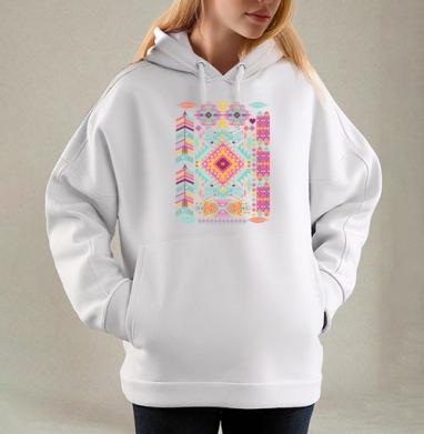 Trendy tribal ornament, Толстовка / Женская/ Оверсайз / Начес / Белая / C принтом