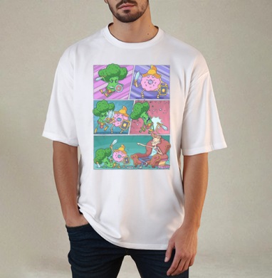 Комический Бой Брокколи и Пончика, Футболка / Мужчинам / Оверсайз / Белая / C принтом