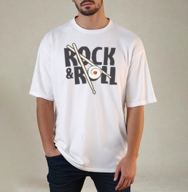Рок-н-ролльная подача суши с черепом и палочками ROCK ROLL, Футболка / Мужчинам / Оверсайз / Белая / C принтом
