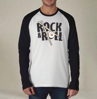 Рок-н-ролльная подача суши с черепом и палочками ROCK ROLL, Футболка длинный рукав / Мужчинам / Реглан / Принт