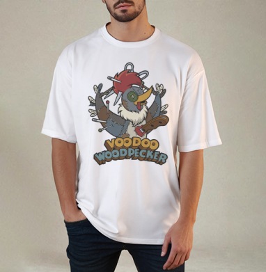 Voodoo Woodpecker Вуду дятел мультяшная стилизованная иллюстрация, Футболка / Мужчинам / Оверсайз / Белая / C принтом