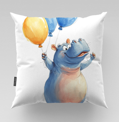 Watercolor Blue Hippo with Balloons / Акварельный бегемот с шариками - Магазин футболок legaevis, Подушки