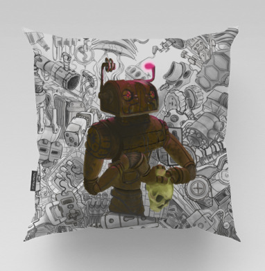Робот с черепом размышляет о жизни в деталях механики - Магазин футболок crazycolors, Подушки