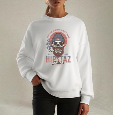 Череп хипстер с трубкой и бородой для одежды street wear, Свитшот оверсайз белый женский