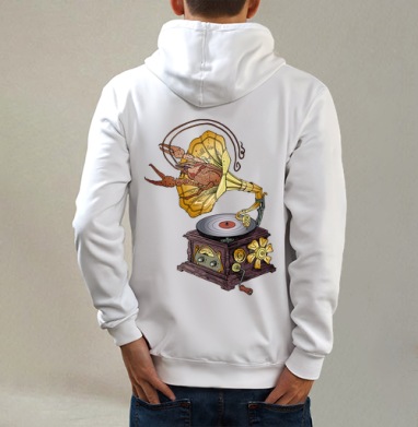 Сюрреалистичный граммофон с раком в стимпанк стиле, Толстовка на молнии, печать на спине. муж. белая v3 320гр