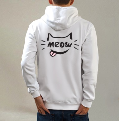 Игривый кот с надписью meow и высунутым язычком, Толстовка на молнии, печать на спине. муж. белая v3 320гр