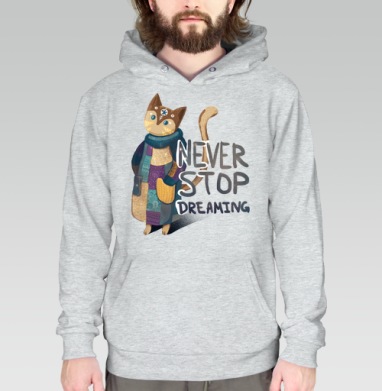 Яркая вдохновляющая стилизованная кошка NEVER STOP DREAMING, Толстовка меланж Regular