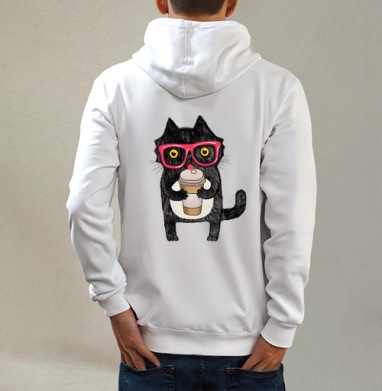 Coffee-cat, Толстовка на молнии, печать на спине. муж. белая v3 320гр