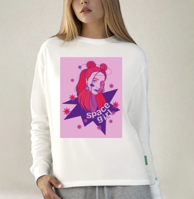 Девушка с красными волосами и космосом вокруг space girl, Футболка лонгслив женская белая