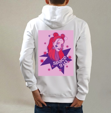 Девушка с красными волосами и космосом вокруг space girl, Толстовка на молнии, печать на спине. муж. белая v3 320гр