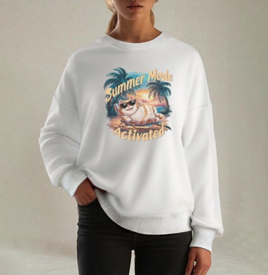 Летний режим кот расслабляется на пляже летний режим, Свитшот оверсайз белый женский
