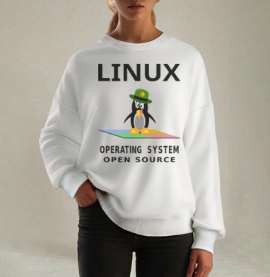 Пингвин в зеленой шляпе на фоне Linux операционная система open source, Свитшот оверсайз белый женский