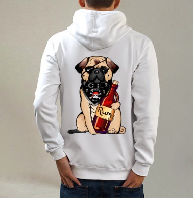 Pirate pug, Толстовка на молнии, печать на спине. муж. белая v3 320гр