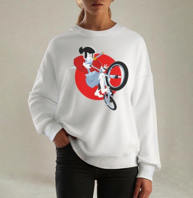 Динамичная векторная иллюстрация самурая на заднем колесе самурай на BMX, Свитшот оверсайз белый женский