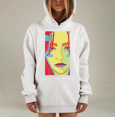 Яркий красочный портрет женского лица с рыбой на красном фоне, Hoodie Mjhigh Dig, оверсайз, утепленная