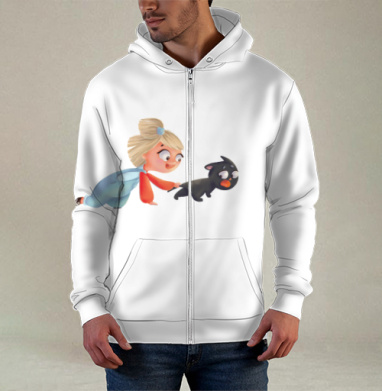 Мальчик играет с кошкой на сером фоне подвижного взаимодействия, Толстовка мужская на молнии 3Д полная запечатка
