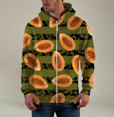 Яркие плоды папайи на полосатом фоне горчичного цвета, Толстовка мужская на молнии 3Д полная запечатка