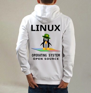 Пингвин в зеленой шляпе на фоне Linux операционная система open source, Толстовка на молнии, печать на спине. муж. белая v3 320гр