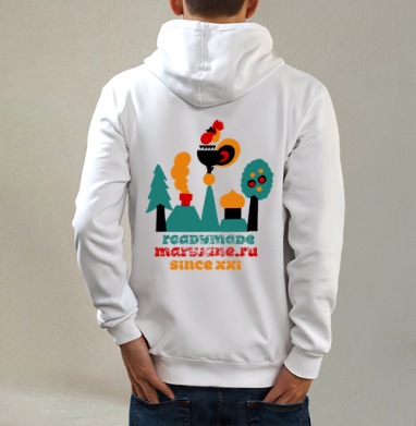 Русская деревня с петухом и храмом since xxi, Толстовка на молнии, печать на спине. муж. белая v3 320гр