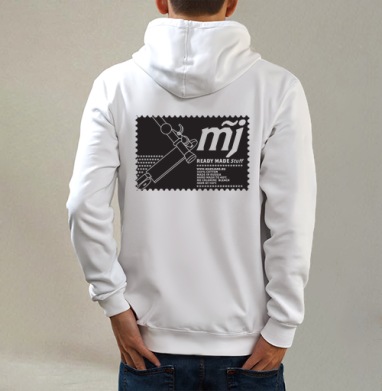 Стилизованный автомат Калашникова с логотипом MJ и надписями READY MADE Stuff, Толстовка на молнии, печать на спине. муж. белая v3 320гр