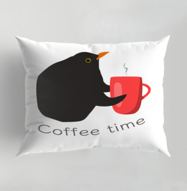 Черный дрозд с красной кружкой время кофе Coffee time, Подушка декоративная 50х70 см