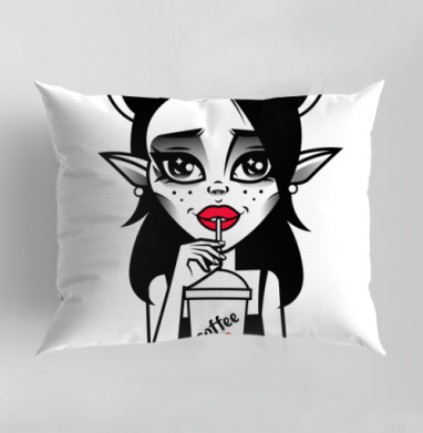 Stylish Demon Girl Drinking Coffee / Стильная Демонесса Пьет Кофе Сердце, Подушка декоративная 50х70 см