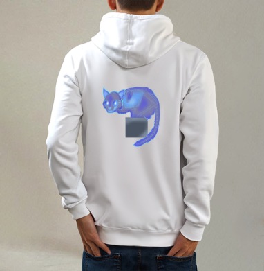 Призрачный мистический кот в синем свечении на кубе, Толстовка на молнии, печать на спине. муж. белая v3 320гр