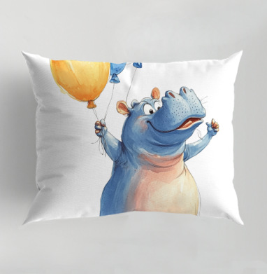 Watercolor Blue Hippo with Balloons / Акварельный бегемот с шариками, Подушка декоративная 50х70 см