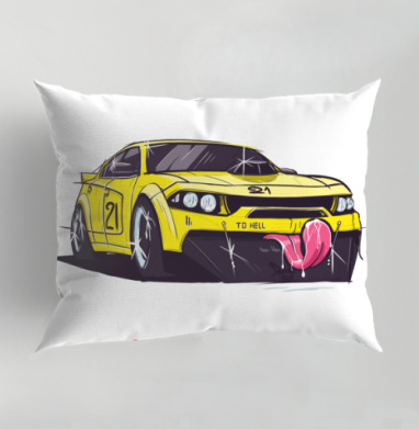 Желтый спортивный автомобиль с языком и надписью Кис Кис, Подушка декоративная 50х70 см
