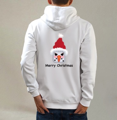 Агрессивный снеговик с красной шапкой и надписью Merry Christmas, Толстовка на молнии, печать на спине. муж. белая v3 320гр