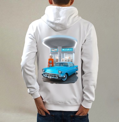 Chevrolet Bel Air / Шевроле Бел Эйр, Толстовка на молнии, печать на спине. муж. белая v3 320гр