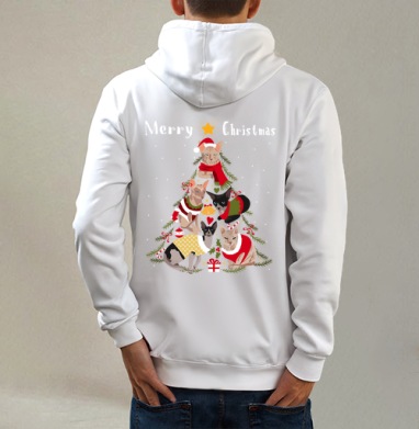 Новогодние коты в форме елки Merry Christmas, Толстовка на молнии, печать на спине. муж. белая v3 320гр