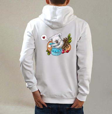 Коала шапку обнимала, Толстовка на молнии, печать на спине. муж. белая v3 320гр