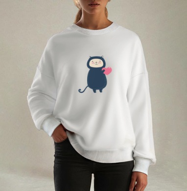 Милый котик с розовым сердцем в kawaii стиле, Свитшот оверсайз белый женский