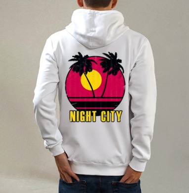 Закат вечер пальмы город Night City, Толстовка на молнии, печать на спине. муж. белая v3 320гр