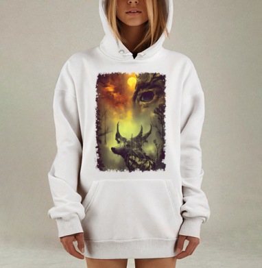 Мистическая лесная сцена волк и олень встреча тайн, Hoodie Mjhigh Dig, оверсайз, утепленная