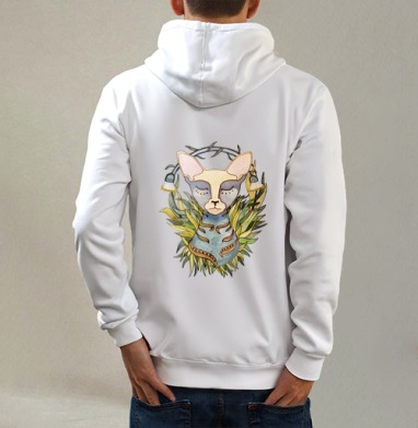 Afina cat / Афина кошка, Толстовка на молнии, печать на спине. муж. белая v3 320гр