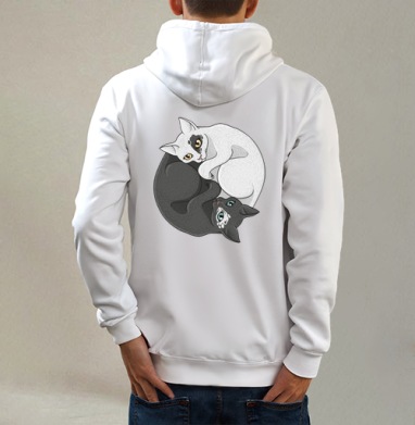 Кошачий инь-янь, Толстовка на молнии, печать на спине. муж. белая v3 320гр