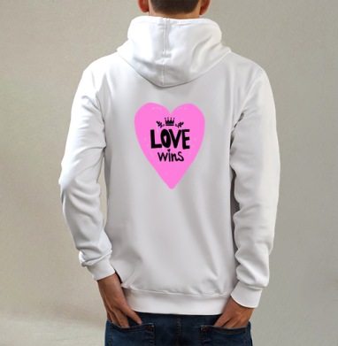 LOVE wins яркое розовое сердце с короной, Толстовка на молнии, печать на спине. муж. белая v3 320гр