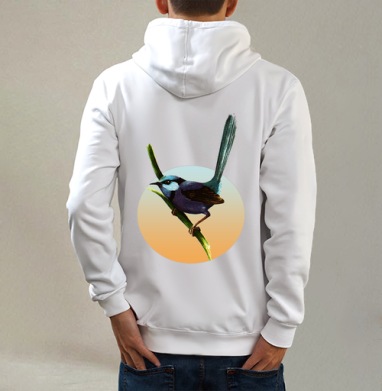 Картина птицы на ветке в акварельном стиле, Толстовка на молнии, печать на спине. муж. белая v3 320гр
